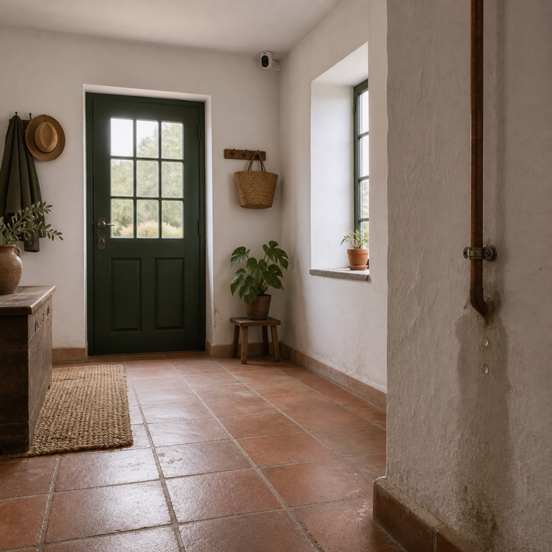 Câmara direcionada para a entrada de uma casa portuguesa enquanto uma pequena fuga de água fica fora do seu campo de visão