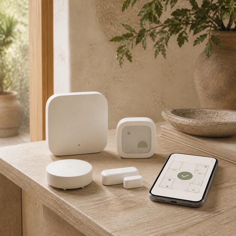 Gateway e sensores discretos do Laro Pulse junto a um telemóvel com o estado de uma casa portuguesa