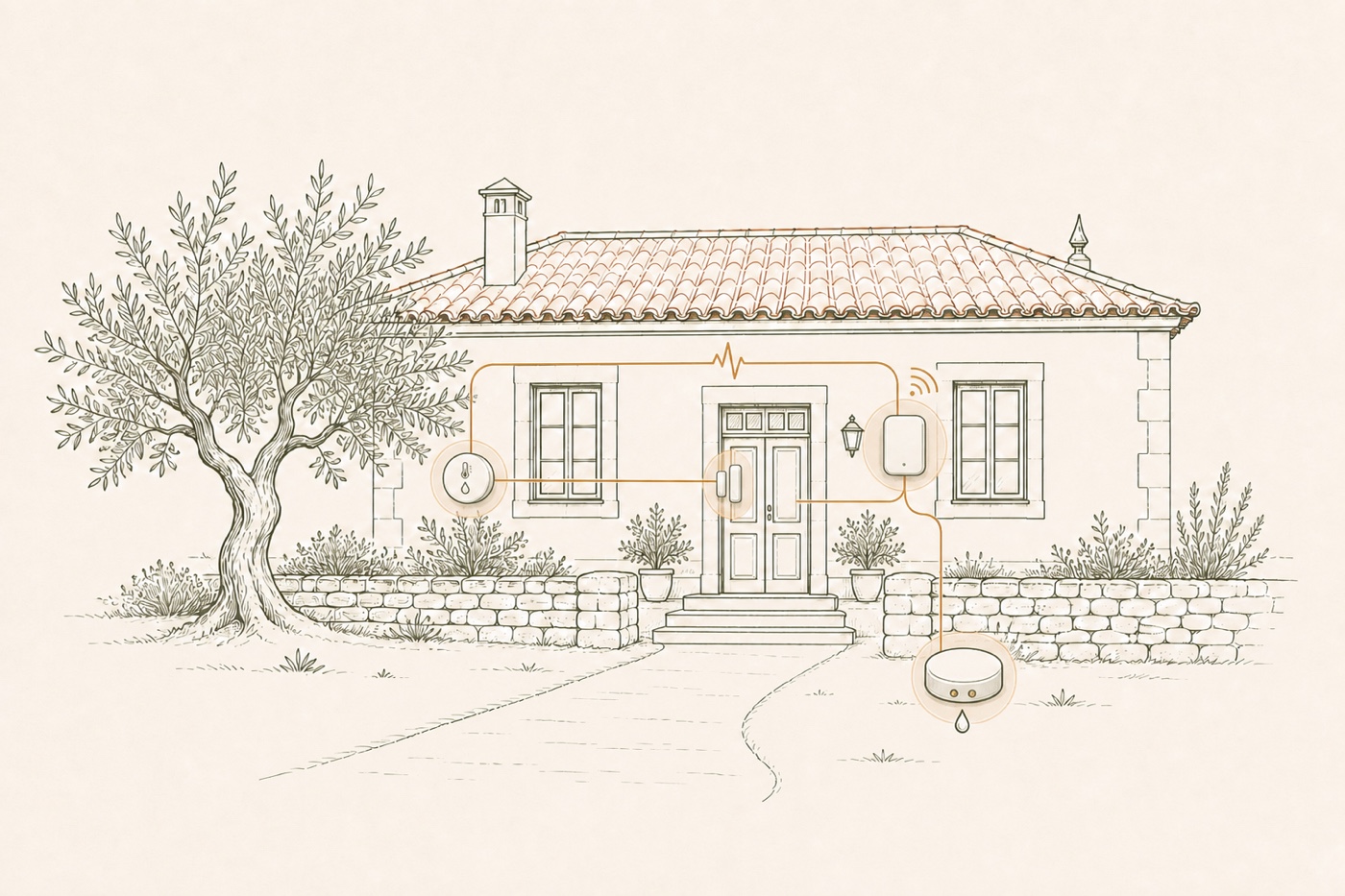 Ilustração em linha de uma casa portuguesa com hub e sensores Laro Pulse de abertura, humidade e fuga de água